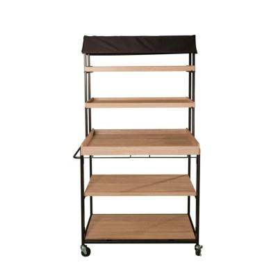 China Displaying 2022 Custom Merchandise OEM Vendor Cart With Shelves Frame Clothing Store Cabinet Display Rack With Rustic Wood Shelf for sale