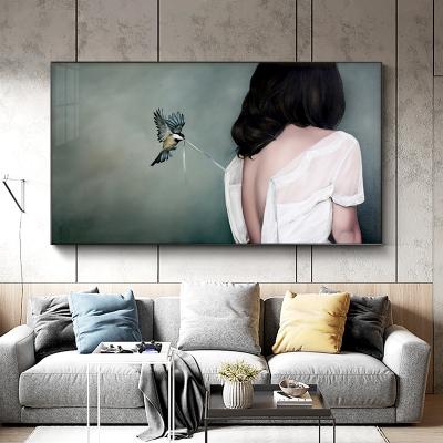 China Back Beauty Abstract Healing Figures Watch Birds Canvas Art Painting for Living Room Home Decor (No Frame) for sale