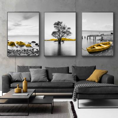 China Yellow Retro Boat Abstract Seascape Fishing Art Painting Wall Art Seaside Scenery Poster Wall for Living Room Home Decor (No Frame) for sale