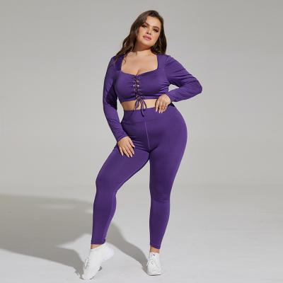 China Plus Size Breathable Straps Patches 4XL Fitness Yoga Gym Girl Long Sleeves Crop Top Shirt Sets For Women for sale