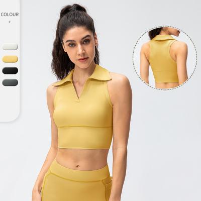 China Breathable Women Lapel Design Fitted Slim Gym Wear Clothing Yoga Crop Tank Tops Sport Shirts Invest for sale