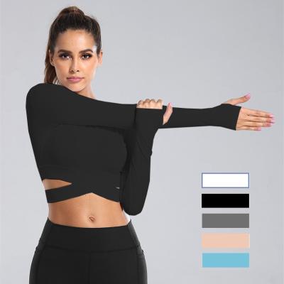 China Women's Sports Tops Long Sleeve Gym Fitness Breathable Custom Fit Quick Dry Yoga Crop Tops With Finger Holes for sale