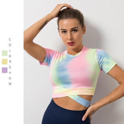 China Breathable Ladies Tie Up Yoga Cross Culture Clothing Gym Wear Dye Design Women Sports Top T-Shirts for sale