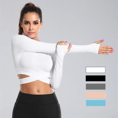 China Custom Women Breathable Lace Up Long Sleeve Gym Fitness Yoga Fit Crop Top Sport T-Shirts With Finger Holes for sale