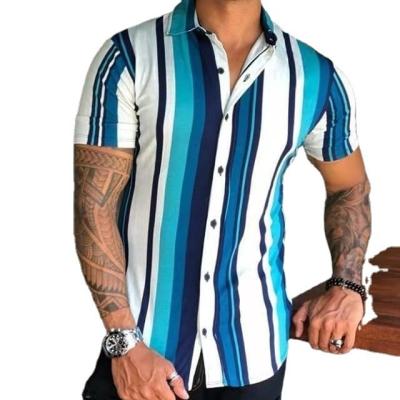 China Summer Striped Shirt 2023 Anti-pilling Men's Single Breasted Patchwork Top Short Sleeve Casual Shirt Men for sale