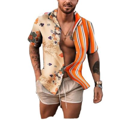 China 2023 Men's Anti-pilling Casual Shirt Printed Fashion Quilting Short Sleeve Stripe Streetwear Men's Hawaiian Shirt for sale