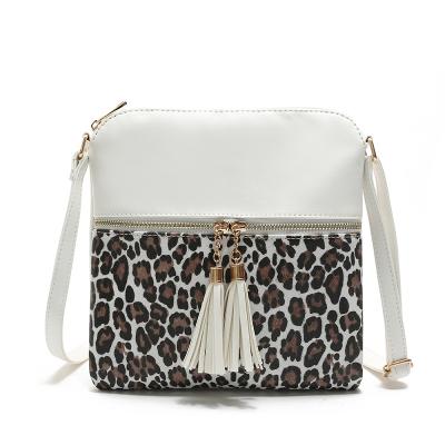 China Pu+Polyester Contrast Color White Leopard Fringed Lady Bags Shoulder Messenger Double Fringed Pendant Bag for sale