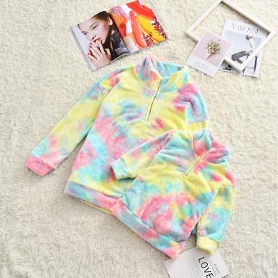 China Breathable Wholesale Mommy And Me Sweater Tie Dye Zipper Rainbow Sherpa Fleece Sweater Tops for sale