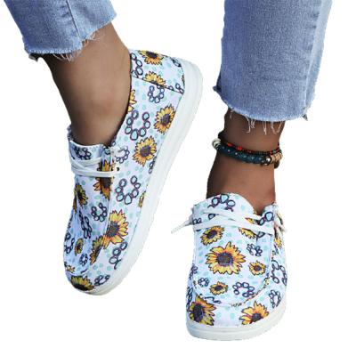 China Fashion Trend RTS Women's Sunflower Print Loafers Lace Up Toe Flat Sneakers Casual Round Canvas Shoes Lazy Shoes for sale