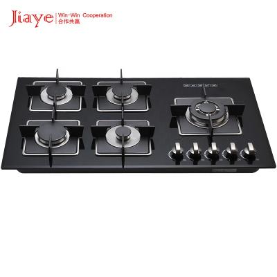 China Hotel Built in 5 Burner Tempered Glass Panel Cast Iron Pan Support Gas Cooker Hob for sale