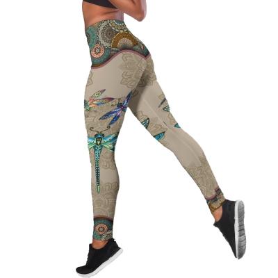 China Windproof Fitness And Yoga Wear Brown Dragonfly Lace Printed Vest Jumpsuit Legging Yoga Clothes Fashion Fitness Customized Yoga Suit for sale