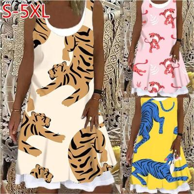 China Other Women Casual Dresses Sleeveless Animal Pattern Round Neck Dress Loose Comfortable Waist S-5XLCasual Dresses for sale