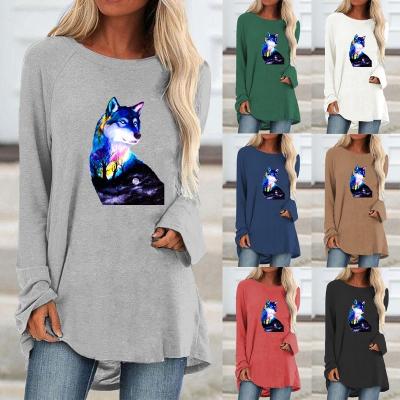 China 2021 Plus Size Custom Logo High Quality Sport Woman Clothing Plus Size Wolf Figure Loose Long Sleeve Blouse Autumn Winter New Women for sale