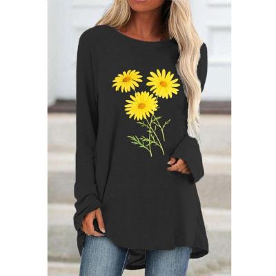 China Compressed Plus Size Women's Clothing 2021 Yellow Daisy New Women's Print Mid Length Casual Long Sleeve Top for sale