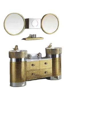 China Modern Large Size Gold Luxury Double Basin Stainless Steel Bathroom Cabinet Vanity With Round Stainless Steel Double Frame Mirror for sale