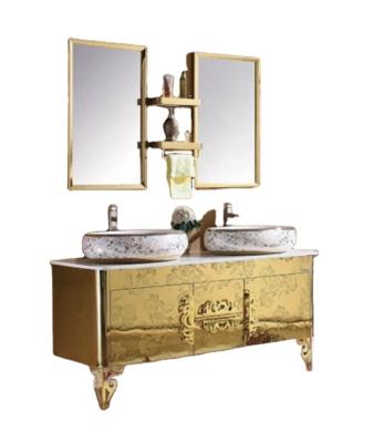 China Modern Gold Luxury Double Over Basin Stainless Steel Bathroom Cabinet Counter Vanity With Stainless Steel Frame Double Mirror for sale