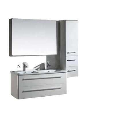 China Modern Hangzhou PVC mirrored bathroom cabinet double sink vanity furniture with one side cabinet storge for sale