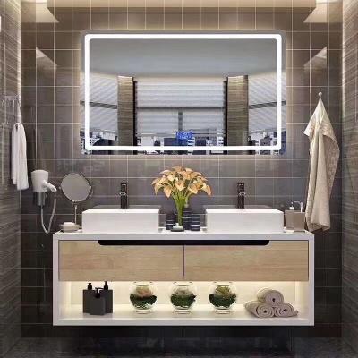 China Modern Hotel Bathroom Two Basin Solid Wood Vanity Set With LED Mirror for sale