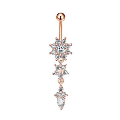 China TRENDY Rose Gold Jewelry Belly Button Rings Zircon Drop Flower Dangle Navel Ring Belly Piercing Jewelry Women Beach Belly Button Rings for sale