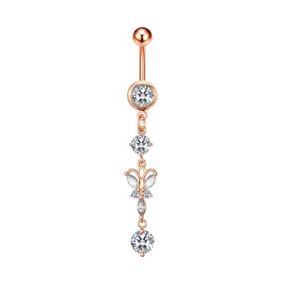 China FASHIONABLE Rose Gold Jewelry Belly Button Rings Zircon Butterfly Dangle Navel Ring Belly Piercing Beach Belly Navel Rings Umbilical Nail for sale