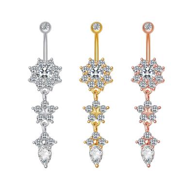 China Silver Luxury Sexy Belly Gold Navel Piercing Rings Flower Dangle CZ Zircon Belly Rings Water Droplets Button Ring for sale