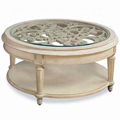 China EUROPEAN American living room furniture antiqued glass top round coffee table white tempering wood design for sale