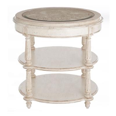 China European European Pure Hand Carving Glass Wood Antiqued White Round Side Table Living Room Furniture for sale