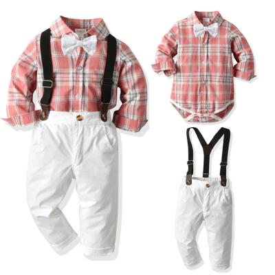 China Wholesale Comfotable Baby Cotton Plaid Harem Strap Pants Suit Romper Baby Male Shirt And Pants for sale