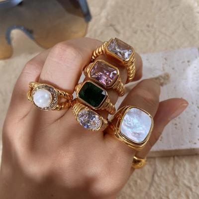 China Waterproof and Rust Proof 18K Gold Plated Stainless Steel Finger Rings Chunky Wedding Statement Jewelry Freshwater Pearl Zircon Ring for sale