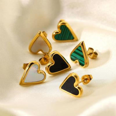 China Heart Stainless Steel Love Malachite Green Shell Earrings Waterproof And Rust Proof Natural Stone White Earrings for sale