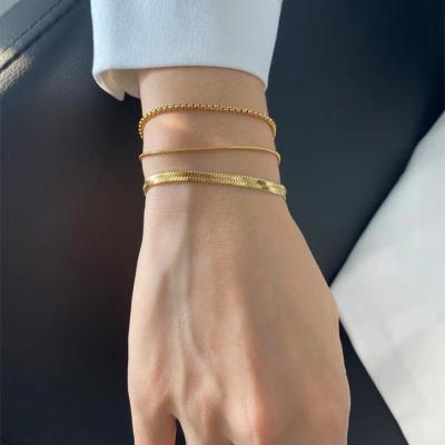 China Daily Waterproof And Rust Proof Snake Flat Chain Stacking Bracelet Gold Plated Stainless Steel Snake Bone Chain Square Thin Chain Bracelet for sale