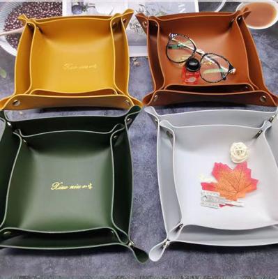 China Viable Foldable Leather Phone Wallet Tray For Key Coin Change Box Valet Tray Home Jewelry Storage Basket for sale