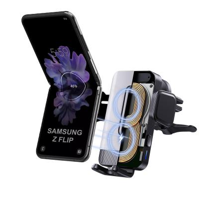 China 15W Dual Coil Qi Coil Car Dashboard Fast Auto-Fixing Mobile Phone Wireless Charger Phone Holder Mount For Samsung Z Flip 3 for sale