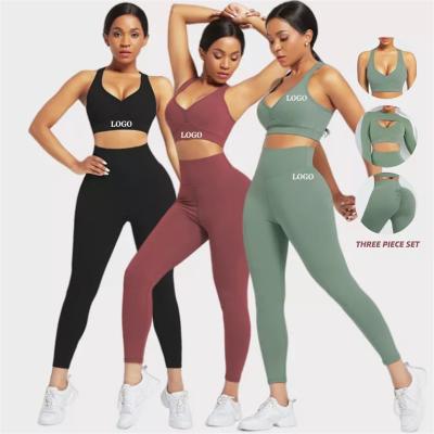 China Custom Logo Summer Breathable Equipment 3 Piece Workout High Quality Gym Long Sleeve Yoga Legging Pants Women Yoga Fitness Wear Set Set for sale