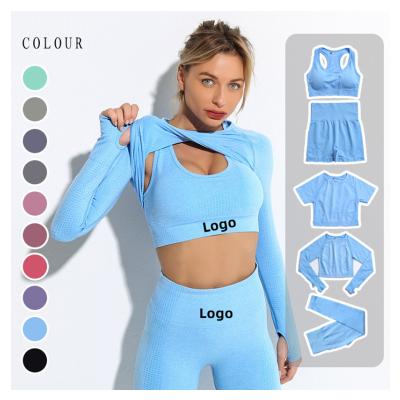 China Breathable Custom Logo 5 Piece Sports Ribbed Bra Yoga Fitness Sets Fitness Tracker Women 2 Active Two Piece Women Yoga Shorts Seamless Set for sale