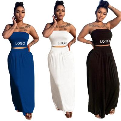 China Custom Made Anti-Static Maxi Size Women Fabric Floor Length Skirt Casual Summer Dress Plus Logo Plain Crop Top 2 Pcs Set Women Long Set For Women for sale