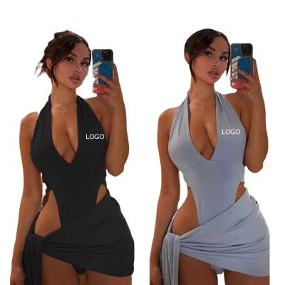 China Custom Logo Summer Dress Deep V-Neck Black Anti-Static Bodycon Party Dresses Sexy Backless Nightclub Dress Women 2 Piece Outfit for sale