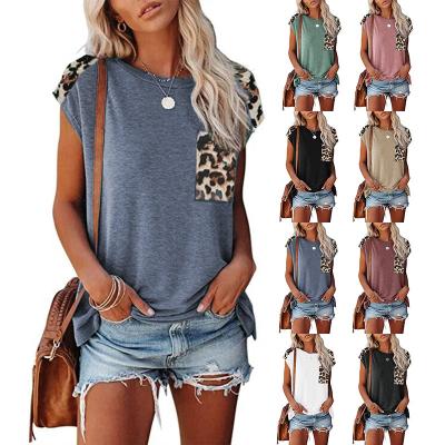 China Fashion Summer Anti-Pilling Leopard Print Pocket Raglan Sleeve Round Neck Quilted Casual Women T-shirt Tops for sale