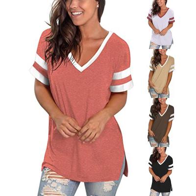 China Summer Color V-Neck Anti-Pilling Contrast T-shirt Short Sleeve Tops Casual Women's Pungent Slit Beautiful for sale