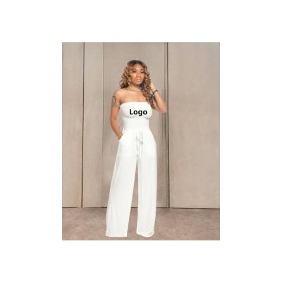 China QUICK DRY Custom Logo Women Palazo Pants Solid Color Fold Over Tube Top With Pocket Wide Leg Loose Overalls One Piece Rompers For Tall Women for sale