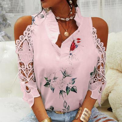 China New Anti-wrinkle spring and summer women's tops flower printing off-the-shoulder lace stitching long-sleeved T-shirt women for sale