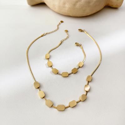 China Women Fashion Necklaces Bracelets N0694 18K Gold Plated Stainless Steel Jewelry Set Flat Chain Necklace Bracelet Square Charm Clavicle Chain Chokers Necklaces for sale