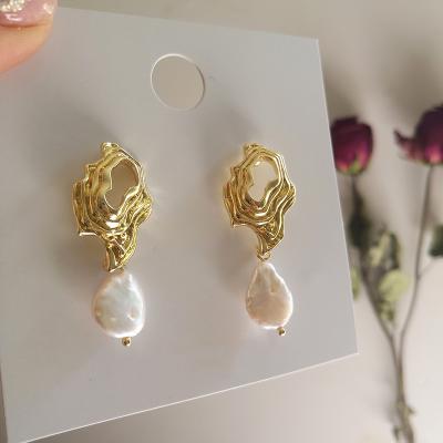 China Natural Freshwater Pearl Drop Earrings For Women Flat Natural Freshwater Pearl Earrings For Women Wave Shape Gold Drop Earrings Cut Out white pearl baroque earrings wholesale for sale