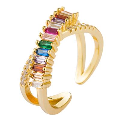 China Trendy Fashion Trendy Rainbow Zircon Opening Rings Jewelry For Women Copper Cuff Ring for sale