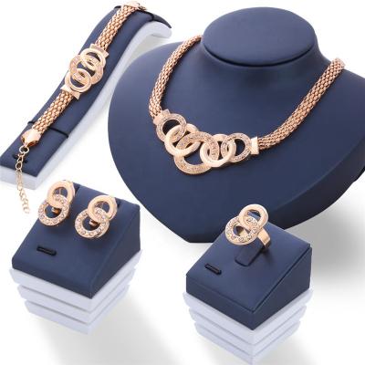 China Fashion Trendy Vintage Gold Jewelry Sets Necklace Earrings Bracelet Ring For Women Crystal Wedding Accessories Bridal Gift for sale