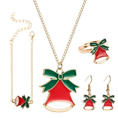 China Fashion Trendy 4PCS SET Newest Christmas Bells Necklace Rings Women's Gold Alloy Earrings Bracelet Christmas Gift Jewelry for sale