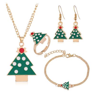 China 4PCS SET Fashion Christmas Tree Alloy Earrings Women Rings Necklace Bracelet Trendy Christmas Jewelry for sale