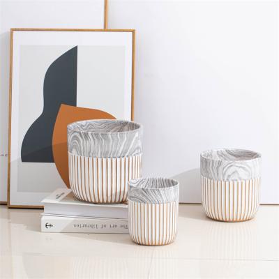 China Wholesale Modern Embossed Succulent Planter Pot Round Ceramic Striped Small Suculentas Succulent Planter Set For Indoor Plant for sale