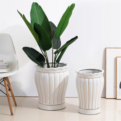 China Wholesale Modern Luxury Hand Painted White Ceramic Outdoor Floor Planters Large Gold Rim Garden Pots for sale