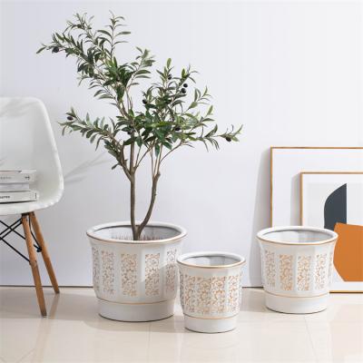 China Hot Selling Large Gold Pattern Modern Round Shape Decal Printed Nordic White Ceramic Planter Pot With Logo for sale